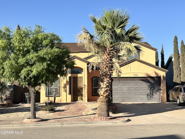 444 Ghost Flower St, Horizon City, TX 79928 - view of property hidden behind natural elements featuring a garage, driveway, and stucco siding