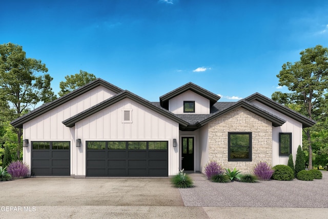 15121 Steer Dr, El Paso, TX 79938 - modern inspired farmhouse featuring an attached garage, stone siding, driveway, and board and batten siding