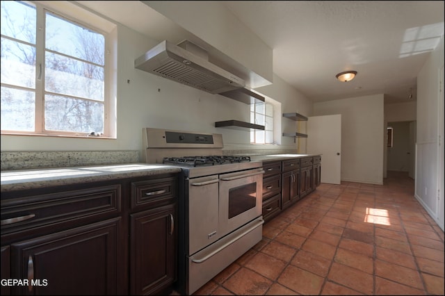 5140 Camino De La Vista Dr, El Paso, TX 79932 - kitchen featuring double oven range, wall chimney exhaust hood, open shelves, and dark brown cabinets