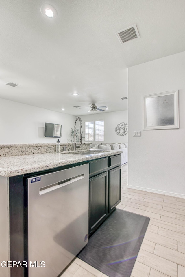 7517 Red Cedar Dr, El Paso, TX 79911 - kitchen featuring dishwasher, a sink, open floor plan, ceiling fan, and recessed lighting