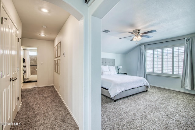 7517 Red Cedar Dr, El Paso, TX 79911 - bedroom featuring carpet, arched walkways, baseboards, recessed lighting, and vaulted ceiling