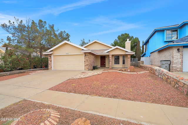 12013 Meadow Gate Dr, El Paso, TX 79936 - ranch-style home featuring a chimney, a garage, driveway, and brick siding