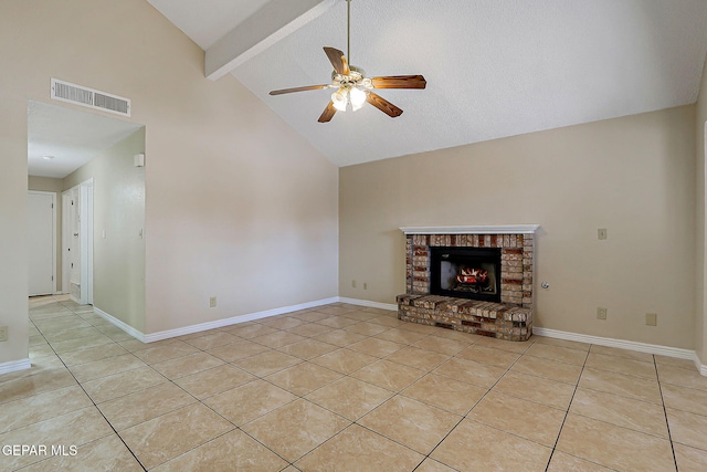 12013 Meadow Gate Dr, El Paso, TX 79936 - unfurnished living room with a ceiling fan, light tile patterned floors, high vaulted ceiling, beam ceiling, and a brick fireplace
