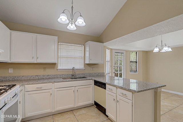 12013 Meadow Gate Dr, El Paso, TX 79936 - kitchen with a chandelier, a sink, white appliances, light tile patterned floors, and a peninsula
