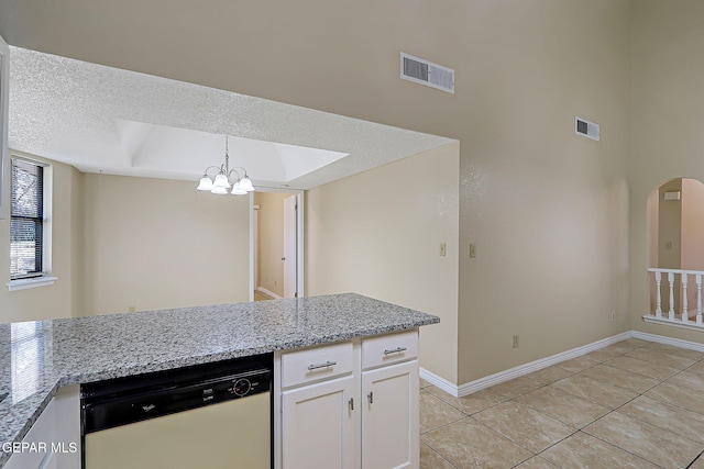 12013 Meadow Gate Dr, El Paso, TX 79936 - kitchen with dishwasher, a chandelier, a raised ceiling, white cabinetry, and light tile patterned floors