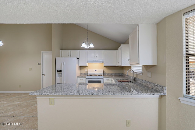 12013 Meadow Gate Dr, El Paso, TX 79936 - kitchen with white appliances, a sink, under cabinet range hood, a peninsula, and a chandelier