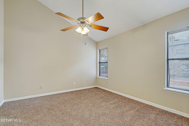 12013 Meadow Gate Dr, El Paso, TX 79936 - empty room featuring carpet flooring, a ceiling fan, lofted ceiling, and baseboards