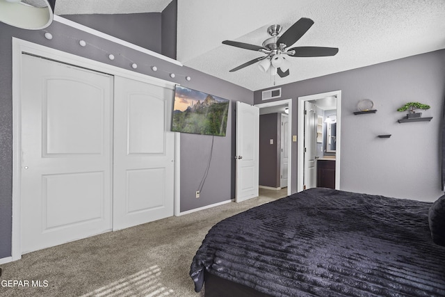 11457 David Carrasco Dr, El Paso, TX 79936 - carpeted bedroom featuring a textured ceiling, ceiling fan, ensuite bath, and baseboards
