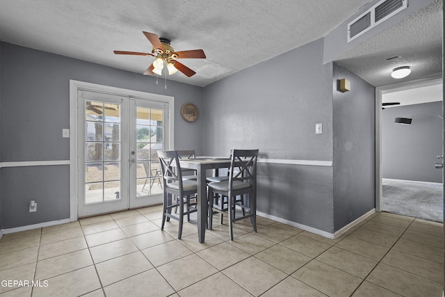 11457 David Carrasco Dr, El Paso, TX 79936 - dining area featuring french doors, a textured ceiling, ceiling fan, tile patterned flooring, and baseboards