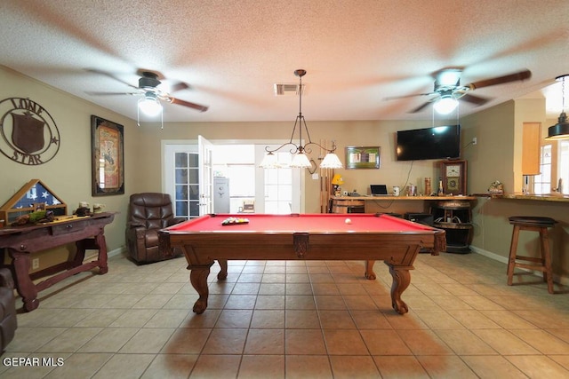 4313 Okeefe Dr, El Paso, TX 79902 - playroom featuring a ceiling fan, billiards, a textured ceiling, and light tile patterned flooring