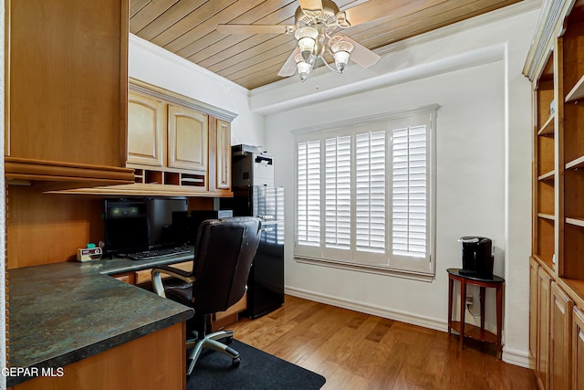 5500 Rancho Sereno Pl, El Paso, TX 79932 - home office featuring a ceiling fan, wood ceiling, crown molding, light wood finished floors, and baseboards