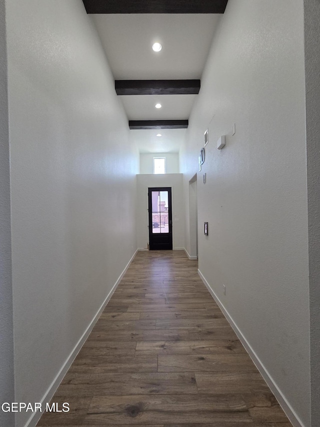 253 Playa Vis St, Horizon City, TX 79928 - doorway to outside with dark wood-type flooring, beam ceiling, baseboards, and recessed lighting