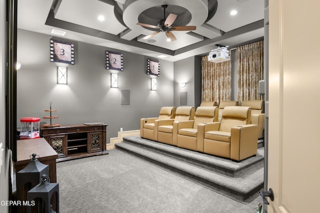 6572 Tuscany Ridge Dr, El Paso, TX 79912 - cinema with ceiling fan, carpet flooring, a tray ceiling, and recessed lighting