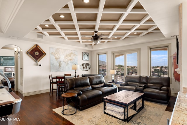 6572 Tuscany Ridge Dr, El Paso, TX 79912 - living room featuring hardwood / wood-style floors, arched walkways, coffered ceiling, recessed lighting, and a ceiling fan