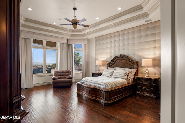 6572 Tuscany Ridge Dr, El Paso, TX 79912 - bedroom with a raised ceiling, ornamental molding, wood-type flooring, and recessed lighting