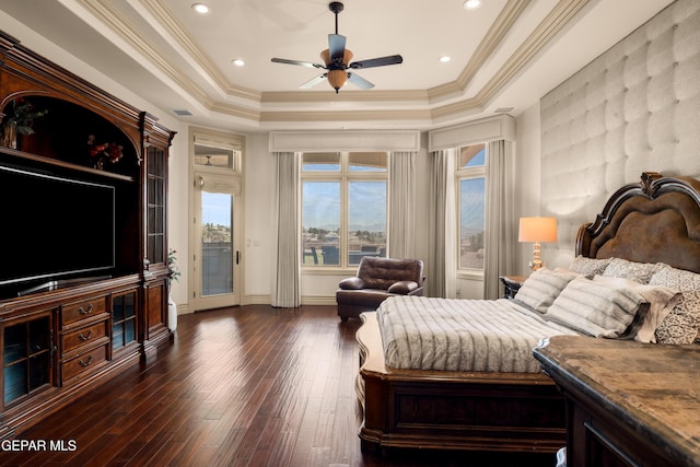6572 Tuscany Ridge Dr, El Paso, TX 79912 - bedroom featuring a tray ceiling, access to exterior, dark wood-type flooring, ornamental molding, and ceiling fan