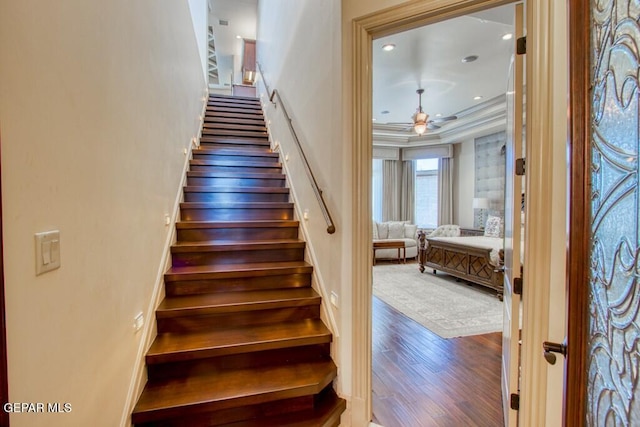 6572 Tuscany Ridge Dr, El Paso, TX 79912 - stairs with wood finished floors, ceiling fan, recessed lighting, and ornamental molding