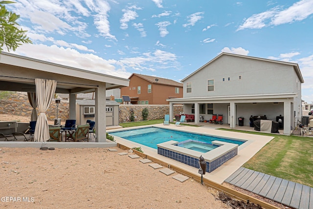 12749 Iron Falls Dr, Horizon City, TX 79928 - view of pool with a patio, outdoor dining space, an outdoor living space, a pool with connected hot tub, and a fenced backyard