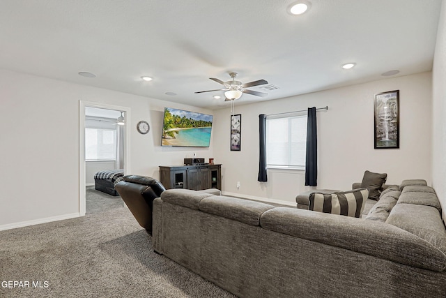 12749 Iron Falls Dr, Horizon City, TX 79928 - living area featuring a ceiling fan, carpet floors, baseboards, and recessed lighting