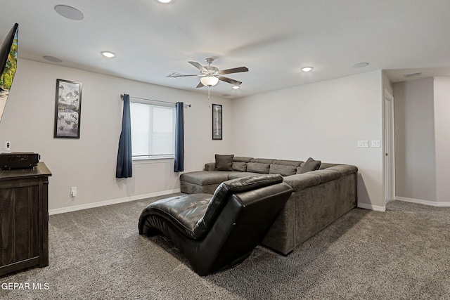 12749 Iron Falls Dr, Horizon City, TX 79928 - living room with a ceiling fan, carpet floors, baseboards, and recessed lighting