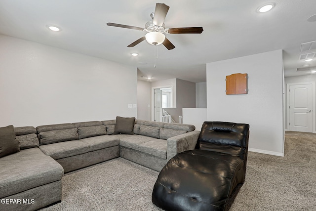 12749 Iron Falls Dr, Horizon City, TX 79928 - living room featuring carpet, ceiling fan, recessed lighting, and baseboards
