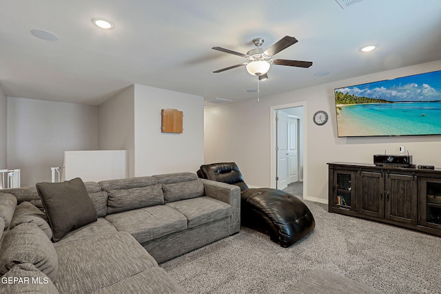 12749 Iron Falls Dr, Horizon City, TX 79928 - living room with carpet, a ceiling fan, baseboards, and recessed lighting