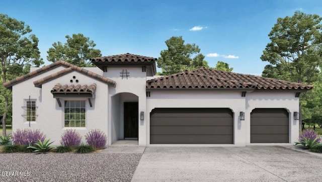 13351 Jeff Winton Dr, El Paso, TX 79928 - mediterranean / spanish-style home featuring a garage, a tile roof, concrete driveway, and stucco siding