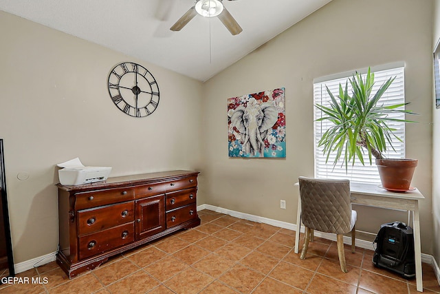 11840 Balladeer Ave, El Paso, TX 79936 - office area with lofted ceiling, ceiling fan, baseboards, and light tile patterned floors