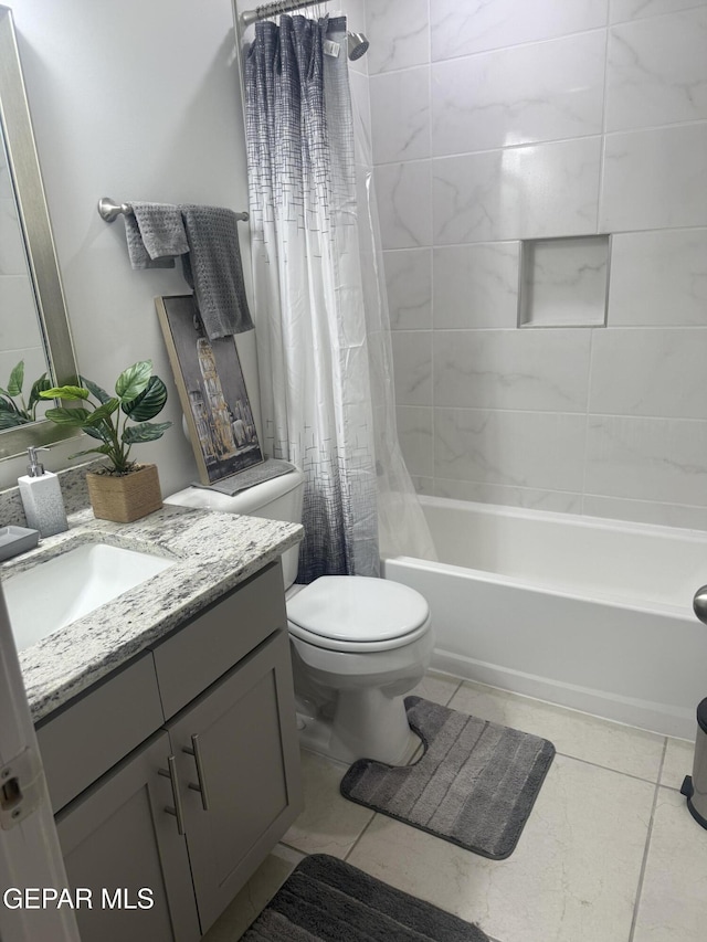 13862 Paseo Bosque Ave, El Paso, TX 79928 - full bathroom featuring vanity, toilet, shower / bath combination with curtain, and tile patterned floors
