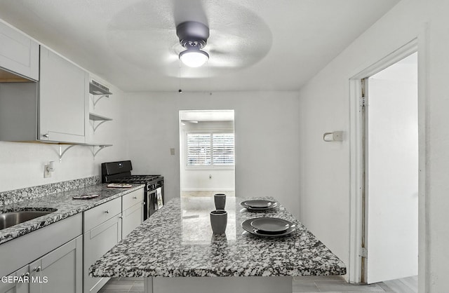 264 Edith Dr, El Paso, TX 79915 - kitchen with stainless steel gas range, open shelves, light stone countertops, a center island, and ceiling fan