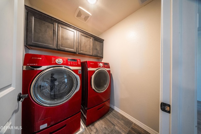 12320 Desert Path Ct, El Paso, TX 79938 - laundry area with separate washer and dryer, cabinet space, dark wood-type flooring, and baseboards