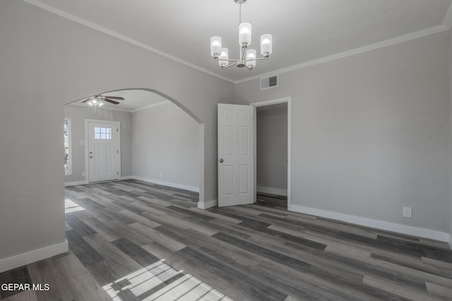 3427 Hamilton Ave, El Paso, TX 79930 - unfurnished dining area with arched walkways, baseboards, wood finished floors, a chandelier, and a ceiling fan