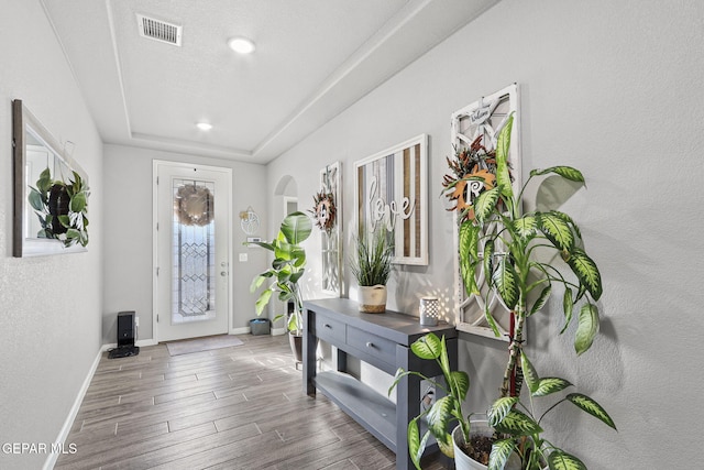 2528 Mike Price Dr, El Paso, TX 79938 - entrance foyer with baseboards, wood finished floors, and a raised ceiling