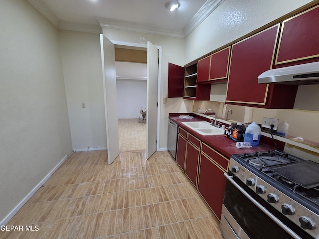 441 Irondale Dr, El Paso, TX 79912 - kitchen with stainless steel appliances, a sink, under cabinet range hood, red cabinetry, and crown molding