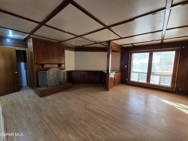 441 Irondale Dr, El Paso, TX 79912 - unfurnished living room featuring coffered ceiling, light wood finished floors, and a brick fireplace
