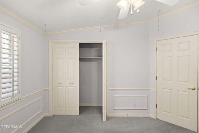 6637 Wind Ridge Dr, El Paso, TX 79912 - unfurnished bedroom featuring carpet, ornamental molding, a closet, ceiling fan, and vaulted ceiling