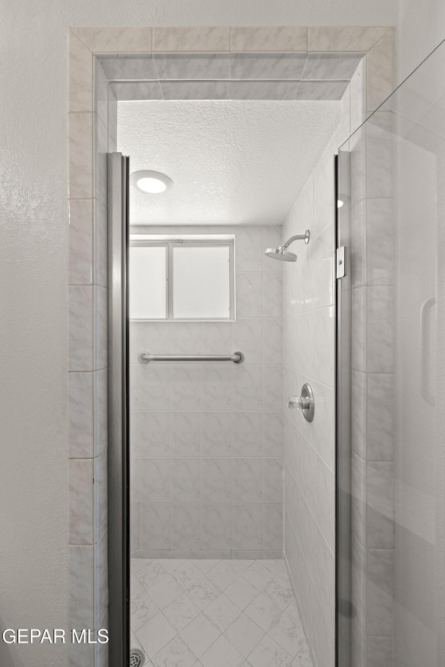 6637 Wind Ridge Dr, El Paso, TX 79912 - bathroom featuring a stall shower, a textured ceiling, and a textured wall