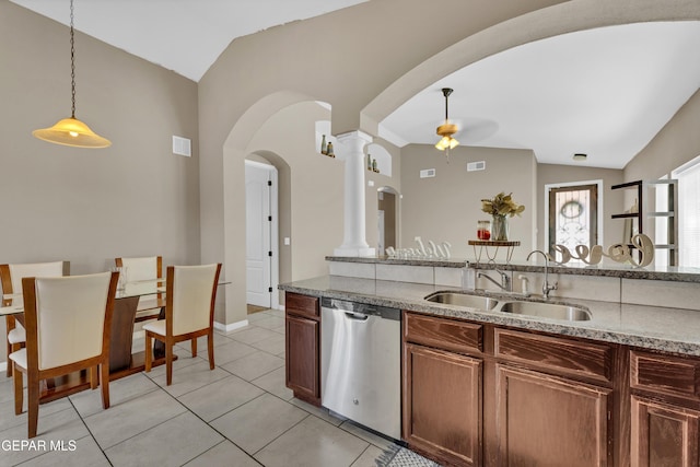 14250 Charles Pollock Ave, El Paso, TX 79938 - kitchen featuring dishwasher, vaulted ceiling, a sink, a ceiling fan, and arched walkways