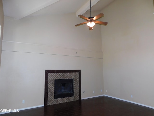 11233 Red Barrel Pl, El Paso, TX 79934 - unfurnished living room with beam ceiling, a ceiling fan, wood finished floors, baseboards, and high vaulted ceiling