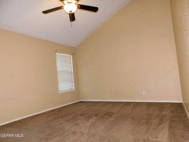 11233 Red Barrel Pl, El Paso, TX 79934 - unfurnished room featuring carpet flooring, ceiling fan, vaulted ceiling, and baseboards