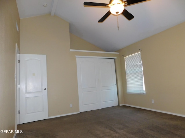 11233 Red Barrel Pl, El Paso, TX 79934 - unfurnished bedroom featuring carpet flooring, a closet, high vaulted ceiling, beamed ceiling, and baseboards