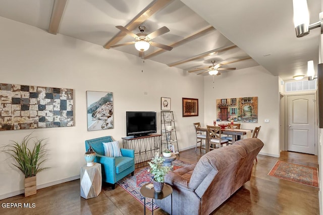 6350 Escondido Dr Unit A24, El Paso, TX 79912 - living area with ceiling fan, beamed ceiling, baseboards, and concrete flooring