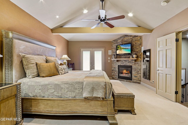 5744 Mira Grande Dr, El Paso, TX 79912 - bedroom with a stone fireplace, carpet, french doors, and a ceiling fan