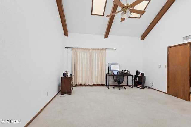 6735 Camino Fuente Dr, El Paso, TX 79912 - home office featuring light colored carpet, beamed ceiling, high vaulted ceiling, and ceiling fan