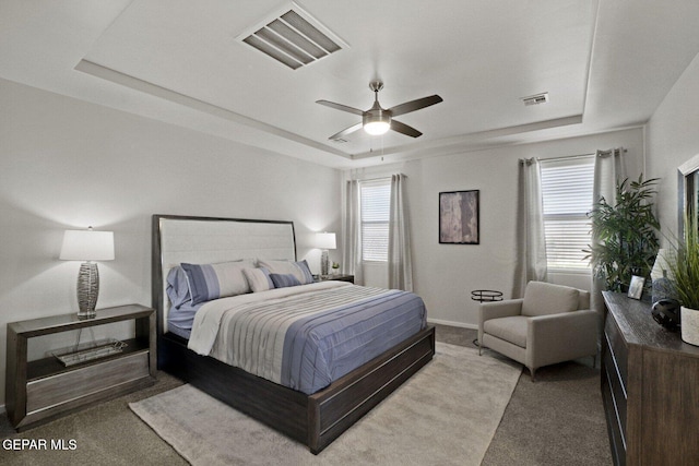 916 Pettus Pl, El Paso, TX 79928 - carpeted bedroom with a tray ceiling, multiple windows, a ceiling fan, and baseboards