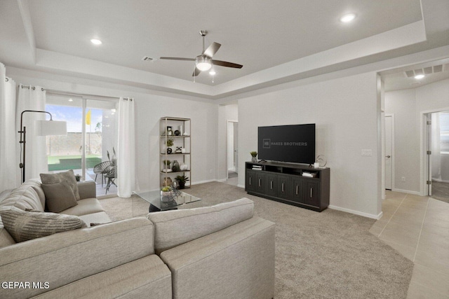 916 Pettus Pl, El Paso, TX 79928 - living area featuring a raised ceiling, ceiling fan, light colored carpet, baseboards, and recessed lighting