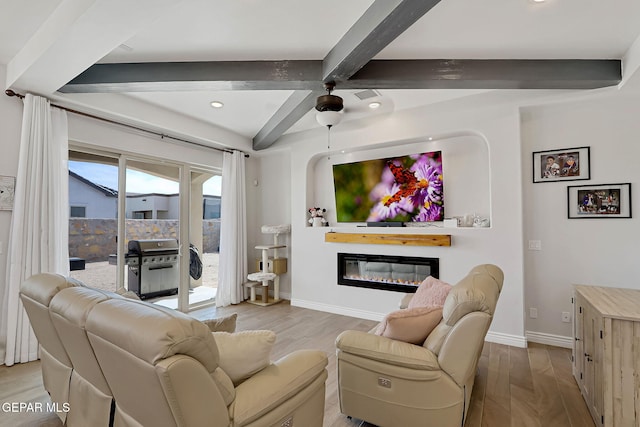 974 Airship Pl, Horizon City, TX 79928 - living room featuring wood finished floors, beam ceiling, ceiling fan, baseboards, and recessed lighting