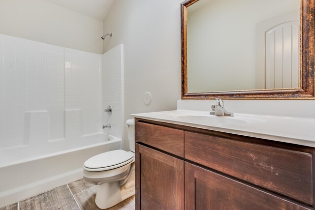 14294 Kayla Mia Dr, El Paso, TX 79938 - bathroom with toilet, vanity, bathing tub / shower combination, and wood finished floors