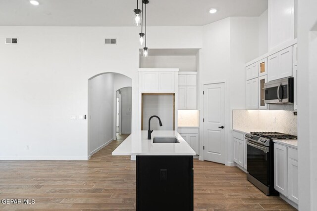 13797 Summer Wave Ave, El Paso, TX 79928 - kitchen featuring a sink, appliances with stainless steel finishes, arched walkways, a center island with sink, and tasteful backsplash