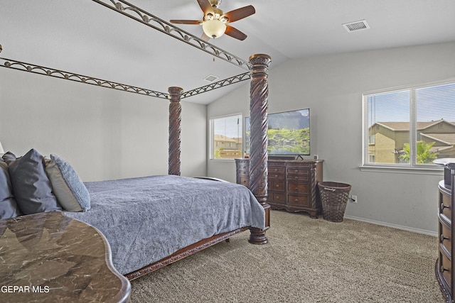 7237 Dust Storm Ln, El Paso, TX 79934 - bedroom featuring carpet floors, vaulted ceiling, multiple windows, ceiling fan, and baseboards